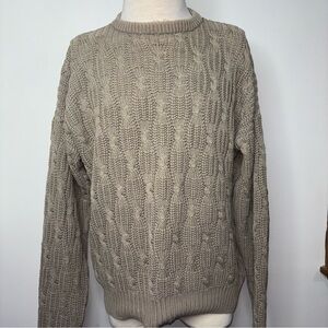 Vintage Robert Stock Sweater Mens XL Tan Textured Cable Knit Crewneck Cotton